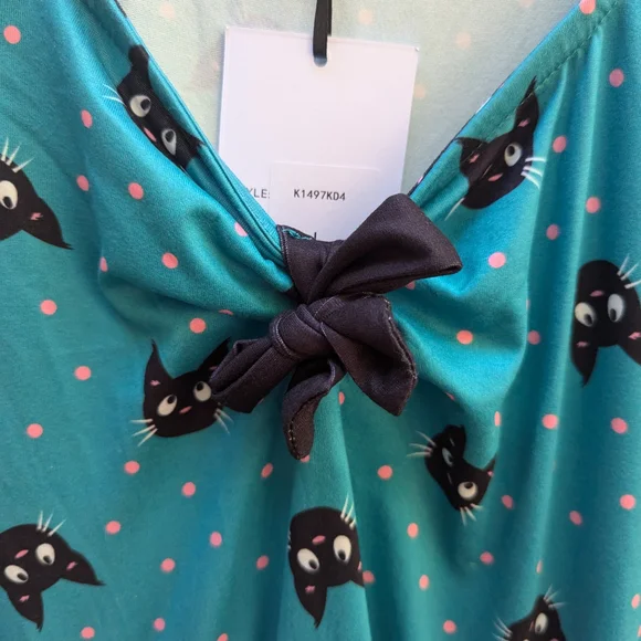 Unique Vintage Teal Cat Pattern Midi Dress - Picture 8 of 13